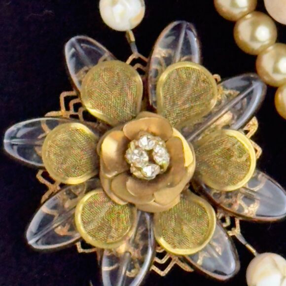 Lenora Dame Statement Necklace 3-Strand Wood Glass Stone Faux Pearl Beads - Picture 6 of 13